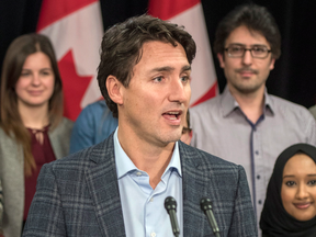 Prime Minister Justin Trudeau speaks to reporters in Saskatoon on Wednesday.