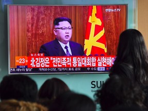 A television news broadcast at a railway station in Seoul shows North Korean leader Kim Jong-Un's New Year's speech on Jan. 1, 2017.