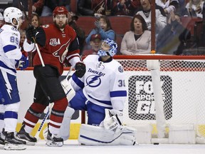 Arizona Coyotes centre Martin Hanzal, second from left, celebrates a goal against the Tampa Bay Lightning on Jan. 21.