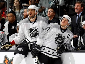 Alex Ovechkin, left, and Sidney Crosby of Team Metropolitan look at the clock during Sunday's final of the All-Star Weekend Classic at the Staples Centre in Los Angeles. Team Metropolitan won the $1-Million prize with a 4-3 victory over Team Pacific.