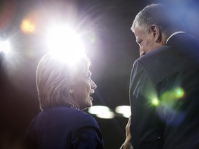 Then presidential hopeful Hillary Clinton with New York Mayor Bill de Blasio after a campaign rally at the Javits Center in New York, on March 2, 2016.