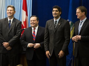 Left to right: Progressive Conservative leadership candidates Richard Starke, Jason Kenney, Stephen Khan and Byron Nelson prior to the debate on Sunday in Edmonton.