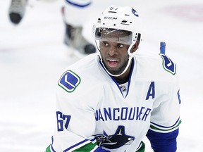 Vancouver Canucks defenceman Jordan Subban skates against the Calgary Flames during NHL Young Stars Classic action on Sept. 19.