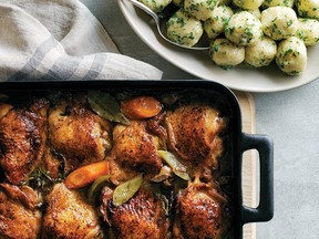 "This simple meal is all about balance, and people are always impressed by how delicious it is," Pomeroy writes of her Porcini Braised Chicken Thighs.