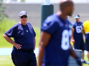 In this June 22, 2015 file photo, Toronto Argonauts GM Jim Barker watches practice at the team's facility in Toronto.