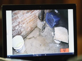 State's exhibit 19, a photo of the site where a then-13-year-old girl says she was chained in the basement of the Ciboros house, is displayed on a computer screen during the trial of Timothy Ciboro and son Esten Ciboro in Toledo, Ohio. They are charged with rape, kidnapping, and endangering children, opens in the Lucas County Courthouse, Judge Linda Jennings, presiding. The two defendants are representing themselves.