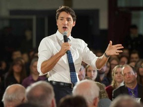 Prime Minister Justin Trudeau speaks during a town hall meeting Tuesday, January 17, 2017 in Sherbrooke, Quebec