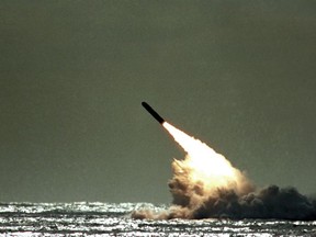 In this 1989 file photo,  a Trident II missile is launched by the U.S. Navy during a performance evaluation.