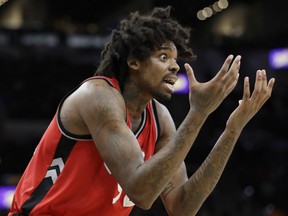 Toronto Raptors center Lucas Nogueira reacts after he was called for a foul during the second half of their game against the Spurs in San Antonio on Tuesday night. The Spurs won 110-82.