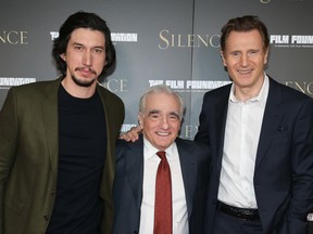 Adam Driver, Martin Scorsese and Liam Neeson attend the New York Screening of Silence at Regal E-Walk Theater on December 8, 2016 in New York City.