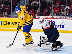 Sweden's Carl Grundstrom found himself alone in front of Slovakia goaltender Adam Huska during their world junior hockey championship quarter-final at the Bell Centre on Jan. 2, 2017.