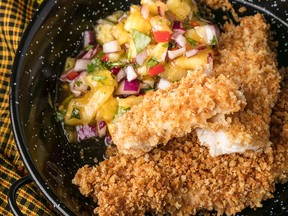 Oven-Baked Chicken Tenders with Pineapple-Apricot Salsa.
