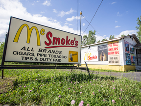 A tobacco store just outside the Kahnawake Mohawk Territory near Montreal. Quebec has chopped its illicit tobacco problem in half over the past 15 years.