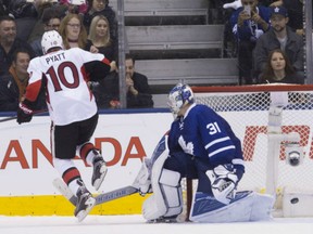 Senators' Tom Pyatt scores in a shoot out to clinch their game with the Toronto Maple Leafs 3-2, at the Air Canada Centre in Toronto on Saturday.