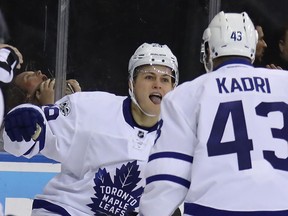 Toronto Maple Leafs forwards William Nylander (left) and Nazem Kadri celebrate Nylander's goal against the New York Rangers on Jan. 13.