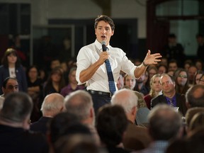 Prime Minister Justin Trudeau speaks during a town hall meeting Tuesday, January 17, 2017 in Sherbrooke, Quebec.