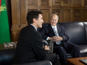 In this handout photo, Prime Minister Trudeau meets with the Aga Khan in Trudeau's Centre Block office in Ottawa. May 17, 2016.