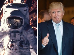 Neil Armstrong on the moon and Donald Trump in 2016