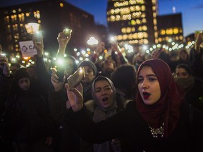 In this Jan. 25, 2017 file photo, Muslim women shout slogans during a rally against President Donald Trump's order cracking down on immigrants living in the U.S. at Washington Square Park in New York. Many citizens of Muslim-majority countries affected by President Donald Trumpís curbs on travel to the United States say they were hardly surprised the restrictions rank among his first orders of business.