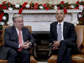 President Barack Obama meets with United Nations Secretary-General-designate, Antonio Guterres, in the Oval Office of the White House, in Washington Dec. 2, 2016. Guterres took the reins of the United Nations on New Year's Day.