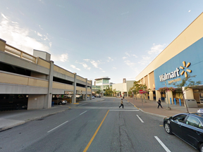 Square One Shopping Centre in Mississauga, with Walmart on the right and a parking garage on the left.