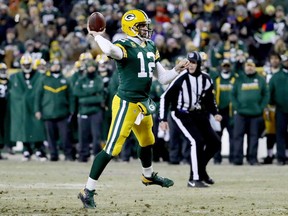 Green Bay Packers quarterback Aaron Rodgers passes against the New York Giants on Jan. 8.