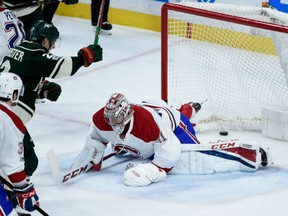 Nino Niederreiter of the Minnesota Wild celebrates his second goal of the game against Montreal Canadiens' goaltender Carey Price in NHL action Thursday night in Minnesota. The Wild was a 7-1 winner.