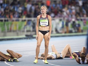 Brianne Theisen-Eaton somehow stayed on her feet with her competitors strewn around her at the finish line of the 800 metres at the Rio Olympics.