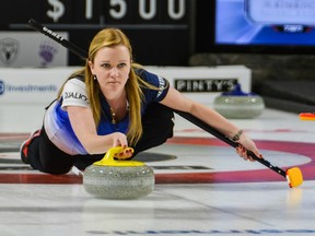 Team Carey skip Chelsea Carey throws a rock in the Pinty's All-Star Curling Skins Game in Banff, Alta. on Feb. 3.