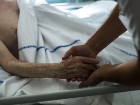 A file picture taken on July 22, 2013 shows a nurse holding the hand of an elderly patient in a palliative care unit