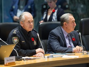 Police Chief Charles Bordeleau (L) and Councillor Eli El-Chantiry present the police budget as councillors take part in the City of Ottawa's draft 2017 Budget being tabled at City Hall.