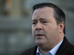 Alberta PC leadership candidate Jason Kenney speaks about the possibility of uniting Albertaís political right outside the Alberta Legislature, in Edmonton Thursday Jan. 26, 2017.