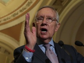 U.S. Senate Minority Leader Sen. Harry Reid (D-NV) speaks during a news briefing