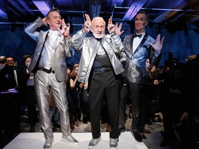 Nick Graham, Buzz Aldrin and Bill Nye pose on the runway at the Nick Graham NYFW Men's Fall 2017 collection show on January 31, 2017 in New York City.