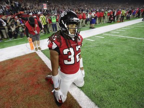 Jalen Collins #32 of the Atlanta Falcons reacts after the New England Patriots defeat the Falcons 32-28 in overtime of Super Bowl 51 at NRG Stadium on February 5, 2017 in Houston, Texas.
