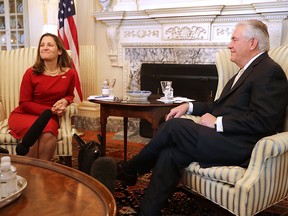 U.S. Secretary of State Rex Tillerson poses for photographs with Canadian Minister of Foreign Affairs Chrystia Freeland before meeting at the State Department February 8, 2017 in Washington, DC. Forty percent of the United States' petroleum imports in 2015 came from Canada, more than the next four importers combined.
