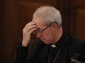 The Archbishop of Canterbury Justin Welby waits to address the General Synod in Assembly Hall on February 13, 2017