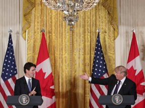Trump and Trudeau participate in a joint news conference in the East Room of the White House on February 13, 2017