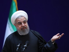 A handout picture provided by the office of Iranian President Hassan Rouhani shows him speaking at a conference in the capital Tehran, on January 28, 2017.
