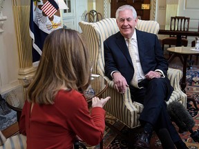 Canadian Foreign Minister Chrystia Freeland and US Secretary of State Rex Tillerson speak before a meeting at the US Department of State February 8, 2017 in Washington, DC.