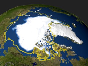 A NASA satellite image shows the minimum concentration of Arctic sea ice in September 2005, when the extent of sea ice dropped to 53 million square kilometers.