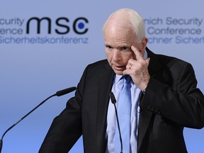 US senator John McCain speaks on the first day of the 53rd Munich Security Conference (MSC) at the Bayerischer Hof hotel in Munich, southern Germany, on February 17, 2017.