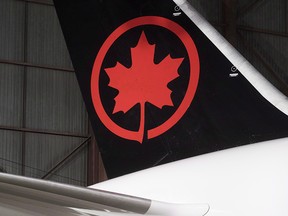 The tail of the newly revealed Air Canada Boeing 787-8 Dreamliner aircraft is seen at a hangar at the Toronto Pearson International Airport in Mississauga, Ont., Thursday, February 9, 2017.