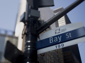 Signage for Bay Street in the Toronto Financial District is displayed in Toronto, Ontario, Canada, on Thursday, July 7, 2016. Canadian stocks climbed, poised for a second week of gains, as a resurgence in U.S. job creation in June showed resilience in the economy of Canada's largest trading partner, offsetting a decline in the domestic payroll. Photographer: Brent Lewin/Bloomberg EDITORS NOTE: IMAGE WAS CREATED USING A VARIABLE PLANED LENS. ORG XMIT: 653373041