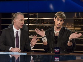 Bill Maher, left, listens to  Breitbart News' Milo Yiannopoulos on HBO's Real Time with Bill Maher, Friday, Feb. 17, 2017, in Los Angeles.