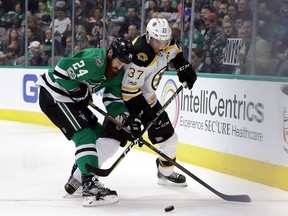 Jordie Benn (left) fights Boston Bruins forward Patrice Bergeron for the puck on Feb. 26. The Montreal Canadiens acquired Benn from the Dallas Stars on Feb. 27.