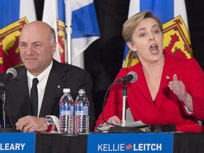 Kellie Leitch and Kevin O'Leary participate in the Conservative leadership candidates' debate, in Halifax on Feb. 4. Conservatives vote for a new party leader on May 27.