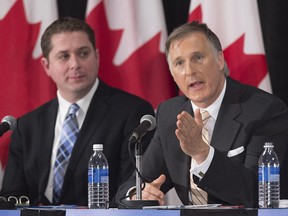 Conservative MPs Andrew Scheer, left, and Maxime Bernier were among several candidates for the Conservative leadership to  oppose a Liberal MP's anti-Islamophobia motion.