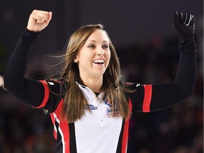Ontario skip Rachel Homan celebrates after defeating Manitoba in the gold-medal match at the Scotties Tournament of Hearts on Feb. 26.