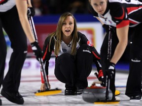 Ontario skip Rachel Homan calls the sweep while taking on Team Canada during the Scotties Tournament of Hearts in St. Catharines, Ont. on Saturday.